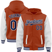 Загрузить изображение в средство просмотра галереи, Custom Texas Orange Navy-White Bomber Full-Snap Varsity Letterman Two Tone Hoodie Jacket
