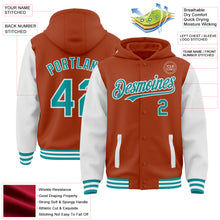 Загрузить изображение в средство просмотра галереи, Custom Texas Orange Teal-White Bomber Full-Snap Varsity Letterman Two Tone Hoodie Jacket
