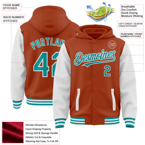 Custom Texas Orange Teal-White Bomber Full-Snap Varsity Letterman Two Tone Hoodie Jacket