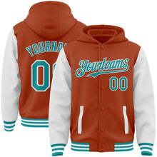 Загрузить изображение в средство просмотра галереи, Custom Texas Orange Teal-White Bomber Full-Snap Varsity Letterman Two Tone Hoodie Jacket
