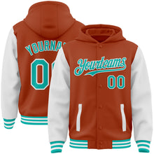 Загрузить изображение в средство просмотра галереи, Custom Texas Orange Aqua-White Bomber Full-Snap Varsity Letterman Two Tone Hoodie Jacket
