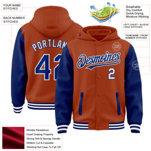 Загрузить изображение в средство просмотра галереи, Custom Texas Orange Royal-White Bomber Full-Snap Varsity Letterman Two Tone Hoodie Jacket
