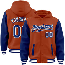 Загрузить изображение в средство просмотра галереи, Custom Texas Orange Royal-White Bomber Full-Snap Varsity Letterman Two Tone Hoodie Jacket
