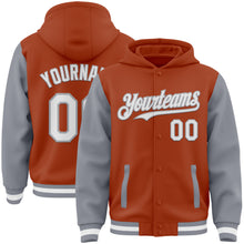 Загрузить изображение в средство просмотра галереи, Custom Texas Orange White-Gray Bomber Full-Snap Varsity Letterman Two Tone Hoodie Jacket
