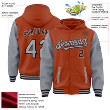 Загрузить изображение в средство просмотра галереи, Custom Texas Orange Gray-Black Bomber Full-Snap Varsity Letterman Two Tone Hoodie Jacket
