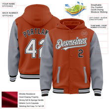 Загрузить изображение в средство просмотра галереи, Custom Texas Orange Black-Gray Bomber Full-Snap Varsity Letterman Two Tone Hoodie Jacket
