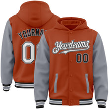 Загрузить изображение в средство просмотра галереи, Custom Texas Orange Black-Gray Bomber Full-Snap Varsity Letterman Two Tone Hoodie Jacket
