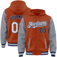 Загрузить изображение в средство просмотра галереи, Custom Texas Orange Navy-Gray Bomber Full-Snap Varsity Letterman Two Tone Hoodie Jacket
