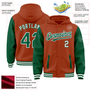 Custom Texas Orange Kelly Green-White Bomber Full-Snap Varsity Letterman Two Tone Hoodie Jacket