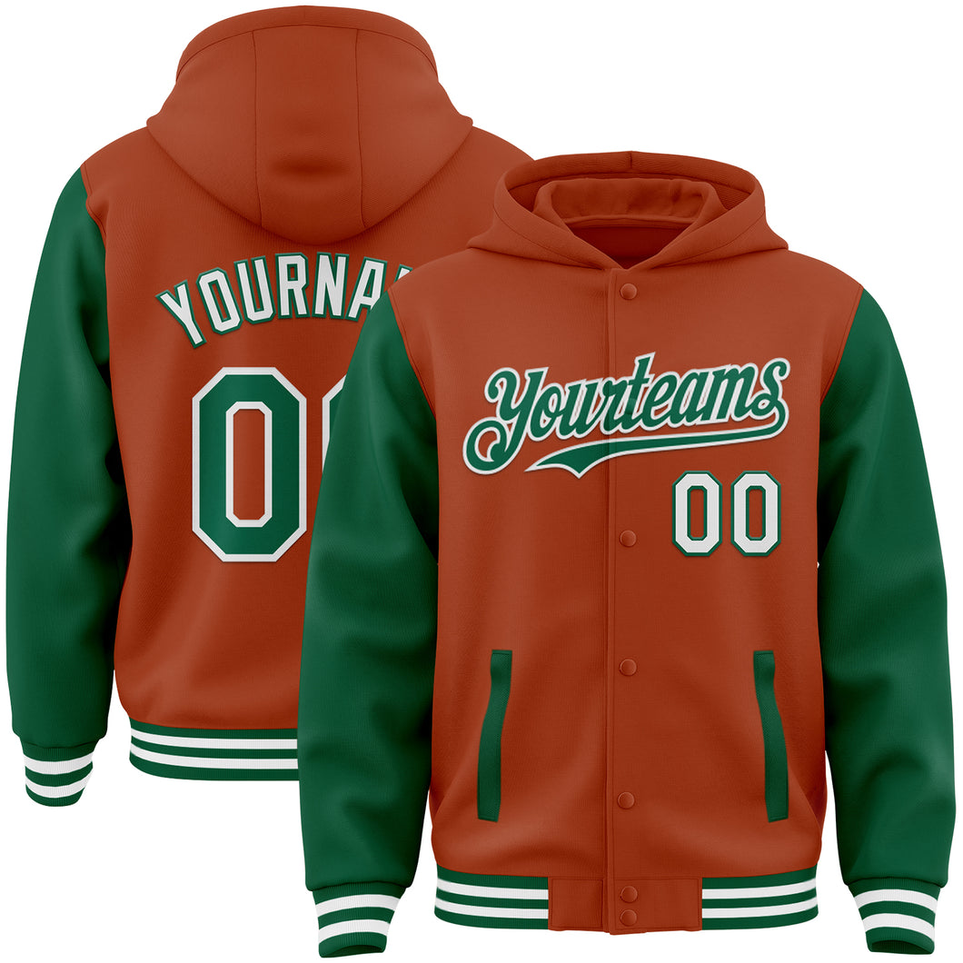 Custom Texas Orange Kelly Green-White Bomber Full-Snap Varsity Letterman Two Tone Hoodie Jacket