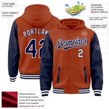 Загрузить изображение в средство просмотра галереи, Custom Texas Orange Navy-White Bomber Full-Snap Varsity Letterman Two Tone Hoodie Jacket
