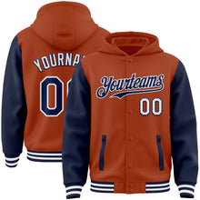 Загрузить изображение в средство просмотра галереи, Custom Texas Orange Navy-White Bomber Full-Snap Varsity Letterman Two Tone Hoodie Jacket
