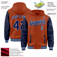 Загрузить изображение в средство просмотра галереи, Custom Texas Orange Navy-Light Blue Bomber Full-Snap Varsity Letterman Two Tone Hoodie Jacket
