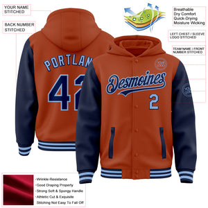 Custom Texas Orange Navy-Light Blue Bomber Full-Snap Varsity Letterman Two Tone Hoodie Jacket