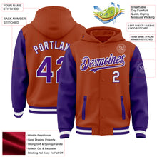 Загрузить изображение в средство просмотра галереи, Custom Texas Orange Purple-White Bomber Full-Snap Varsity Letterman Two Tone Hoodie Jacket
