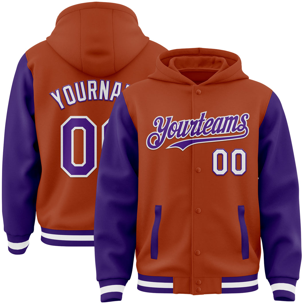 Custom Texas Orange Purple-White Bomber Full-Snap Varsity Letterman Two Tone Hoodie Jacket