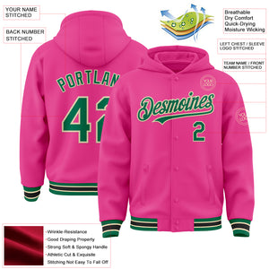 Custom Pink Kelly Green-Cream Bomber Full-Snap Varsity Letterman Hoodie Jacket