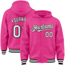 Charger l&#39;image dans la galerie, Custom Pink White-Black Bomber Full-Snap Varsity Letterman Hoodie Jacket
