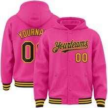 Charger l&#39;image dans la galerie, Custom Pink Black-Gold Bomber Full-Snap Varsity Letterman Hoodie Jacket
