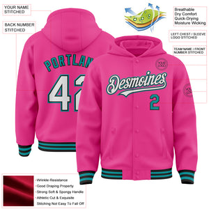 Custom Pink Black-Teal Bomber Full-Snap Varsity Letterman Hoodie Jacket