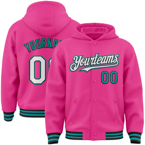 Custom Pink Black-Teal Bomber Full-Snap Varsity Letterman Hoodie Jacket