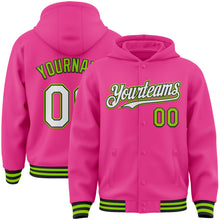 Charger l&#39;image dans la galerie, Custom Pink Black-Neon Green Bomber Full-Snap Varsity Letterman Hoodie Jacket
