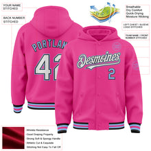 Laden Sie das Bild in den Galerie-Viewer, Custom Pink Black-Light Blue Bomber Full-Snap Varsity Letterman Hoodie Jacket
