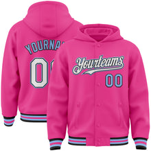 Laden Sie das Bild in den Galerie-Viewer, Custom Pink Black-Light Blue Bomber Full-Snap Varsity Letterman Hoodie Jacket
