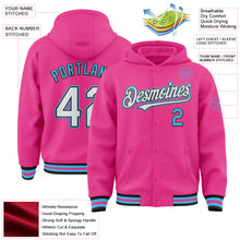 Загрузить изображение в средство просмотра галереи, Custom Pink Black-Sky Blue Bomber Full-Snap Varsity Letterman Hoodie Jacket
