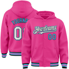 Загрузить изображение в средство просмотра галереи, Custom Pink Black-Sky Blue Bomber Full-Snap Varsity Letterman Hoodie Jacket
