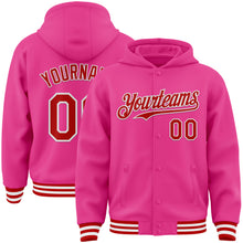 Load image into Gallery viewer, Custom Pink Red-White Bomber Full-Snap Varsity Letterman Hoodie Jacket
