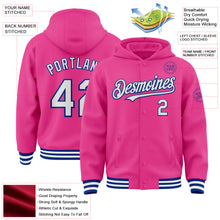 Загрузить изображение в средство просмотра галереи, Custom Pink White-Royal Bomber Full-Snap Varsity Letterman Hoodie Jacket
