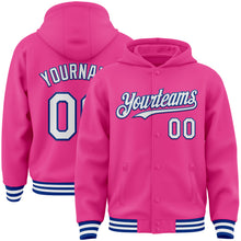 Загрузить изображение в средство просмотра галереи, Custom Pink White-Royal Bomber Full-Snap Varsity Letterman Hoodie Jacket
