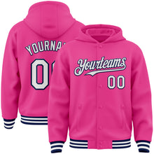 Charger l&#39;image dans la galerie, Custom Pink White-Navy Bomber Full-Snap Varsity Letterman Hoodie Jacket
