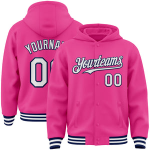 Custom Pink White-Navy Bomber Full-Snap Varsity Letterman Hoodie Jacket