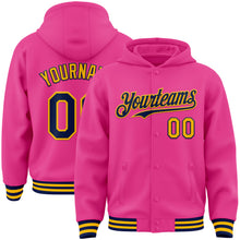 Charger l&#39;image dans la galerie, Custom Pink Navy-Gold Bomber Full-Snap Varsity Letterman Hoodie Jacket
