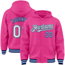 Laden Sie das Bild in den Galerie-Viewer, Custom Pink Navy-Light Blue Bomber Full-Snap Varsity Letterman Hoodie Jacket
