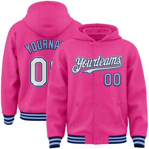 Custom Pink Navy-Light Blue Bomber Full-Snap Varsity Letterman Hoodie Jacket