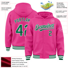 Laden Sie das Bild in den Galerie-Viewer, Custom Pink Kelly Green-White Bomber Full-Snap Varsity Letterman Hoodie Jacket
