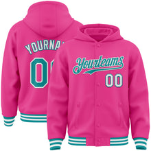 Charger l&#39;image dans la galerie, Custom Pink Teal-White Bomber Full-Snap Varsity Letterman Hoodie Jacket
