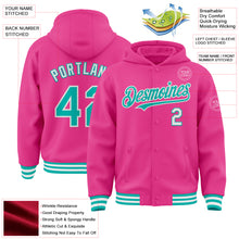 Charger l&#39;image dans la galerie, Custom Pink Aqua-White Bomber Full-Snap Varsity Letterman Hoodie Jacket
