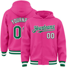 Charger l&#39;image dans la galerie, Custom Pink Kelly Green-White Bomber Full-Snap Varsity Letterman Hoodie Jacket
