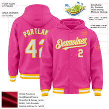 Загрузить изображение в средство просмотра галереи, Custom Pink White-Gold Bomber Full-Snap Varsity Letterman Hoodie Jacket
