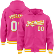 Загрузить изображение в средство просмотра галереи, Custom Pink White-Gold Bomber Full-Snap Varsity Letterman Hoodie Jacket
