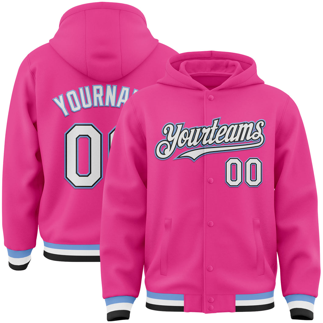 Custom Pink Black-Light Blue Bomber Full-Snap Varsity Letterman Hoodie Jacket