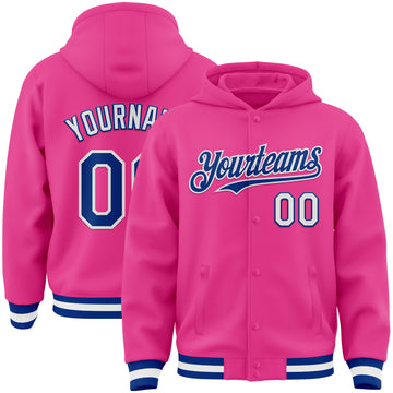 Custom Pink Royal-White Bomber Full-Snap Varsity Letterman Hoodie Jacket