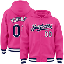 Загрузить изображение в средство просмотра галереи, Custom Pink Navy-White Bomber Full-Snap Varsity Letterman Hoodie Jacket
