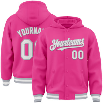 Custom Pink White-Gray Bomber Full-Snap Varsity Letterman Hoodie Jacket