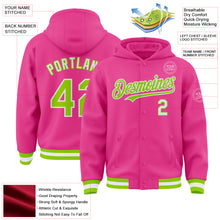 Загрузить изображение в средство просмотра галереи, Custom Pink Neon Green-White Bomber Full-Snap Varsity Letterman Hoodie Jacket
