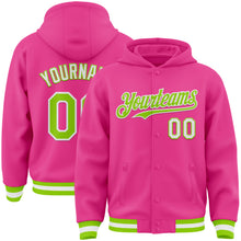 Загрузить изображение в средство просмотра галереи, Custom Pink Neon Green-White Bomber Full-Snap Varsity Letterman Hoodie Jacket
